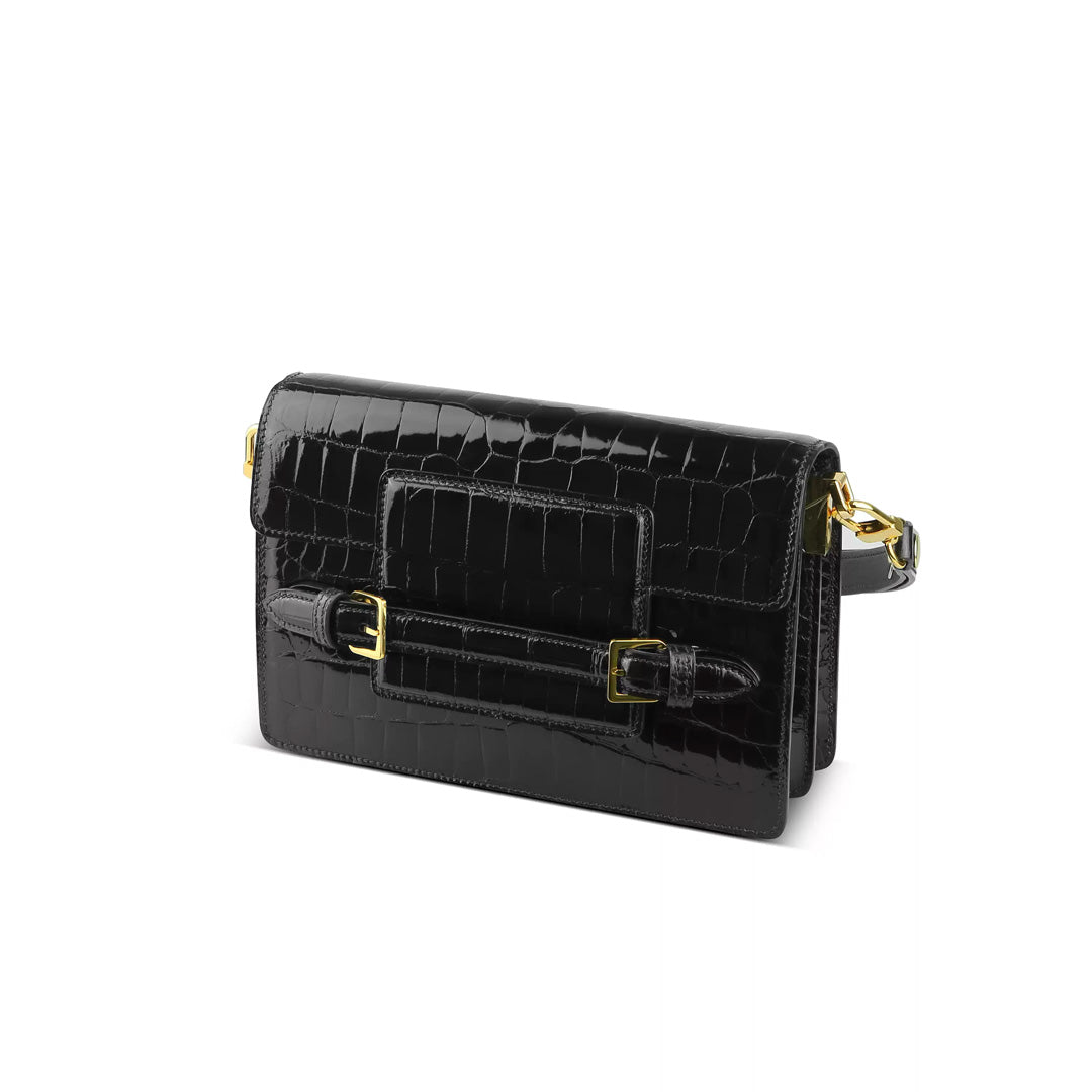 Vintage Crocodile Leather Crossbody Bag - side view in black