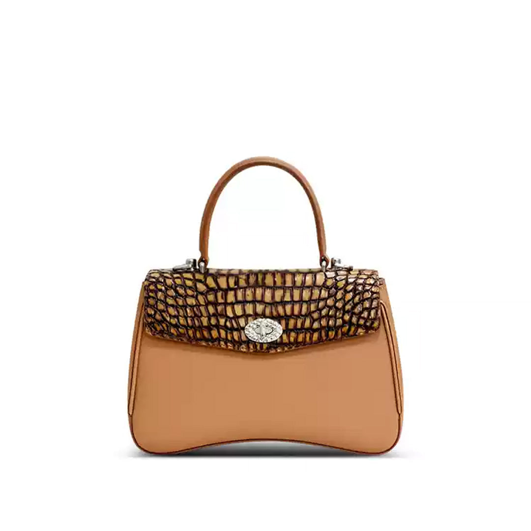 Crocodile & Togo Leather Shoulder Bag - detail view in brown