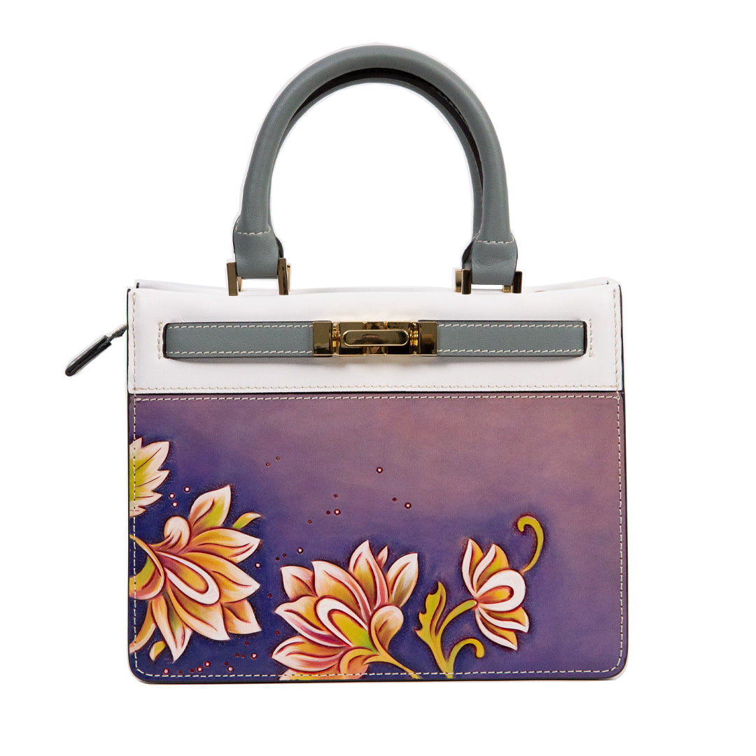 Floral-Carved Leather Top Handle Bag - front view in yellow