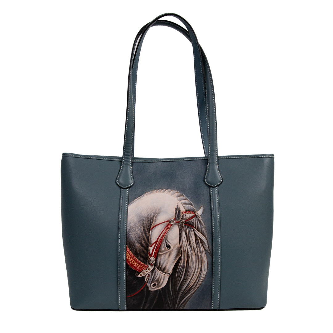Horse-Carved Leather Tote - front view in blue