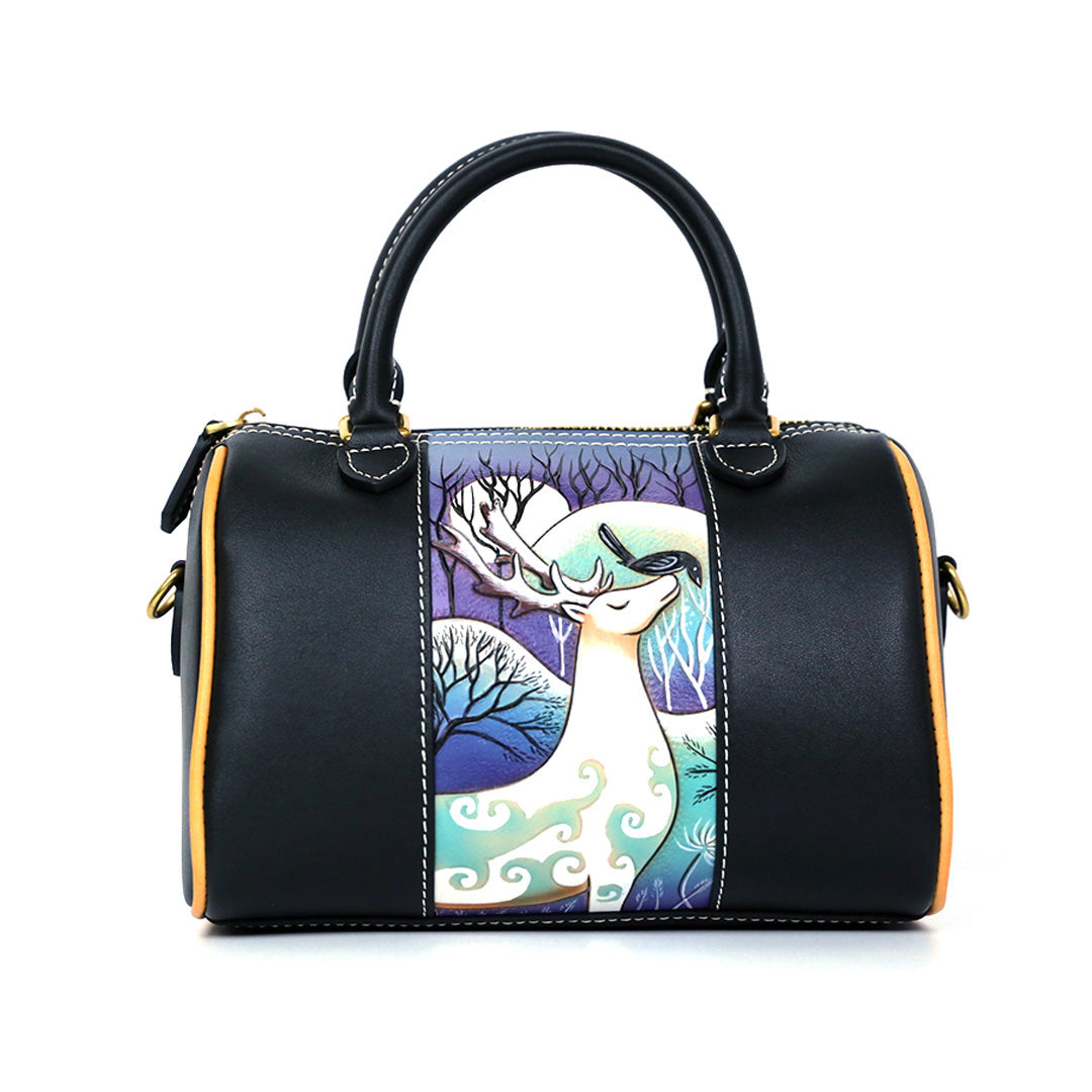 Elk-Carved Leather Boston Bag - front view