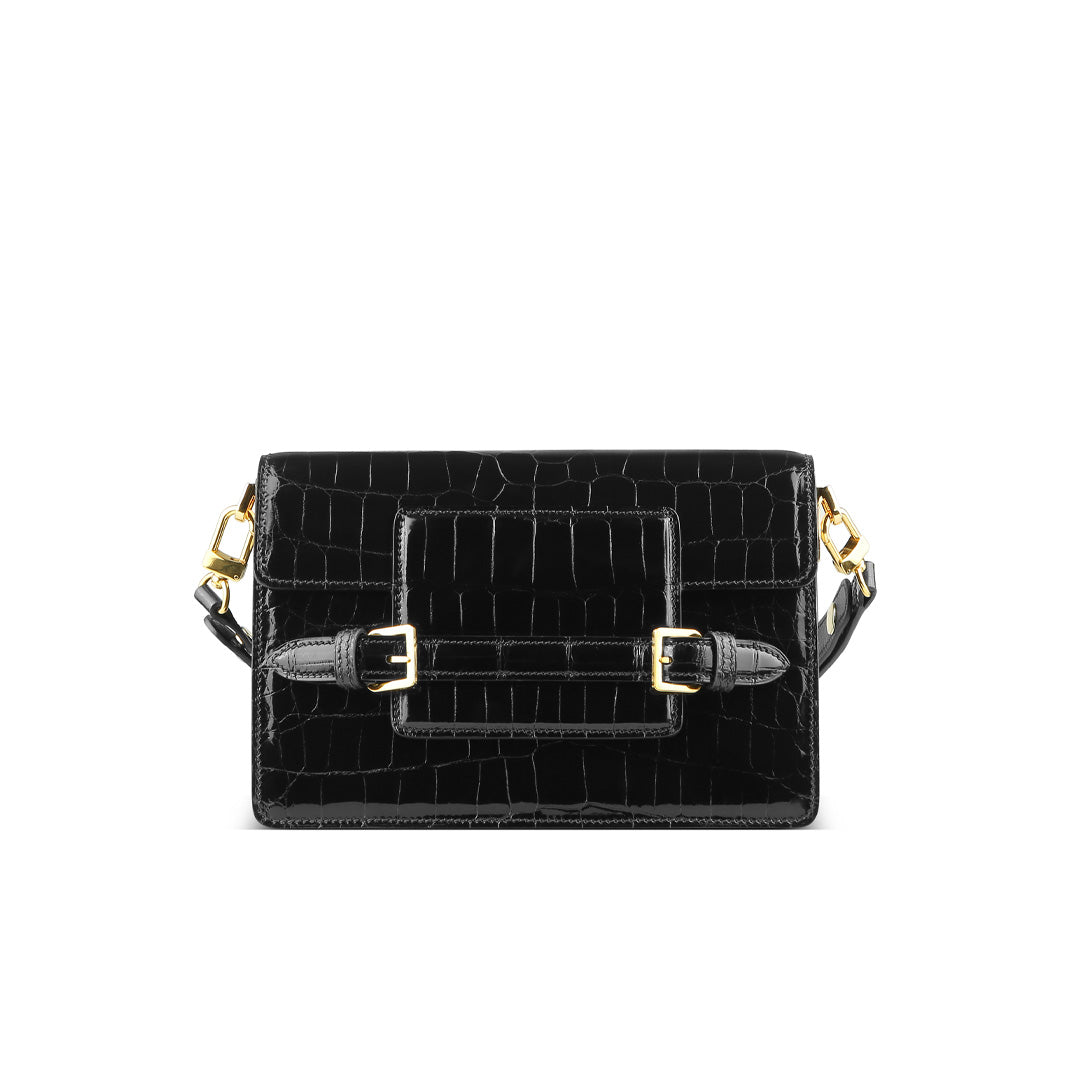 Vintage Crocodile Leather Crossbody Bag - front view in black