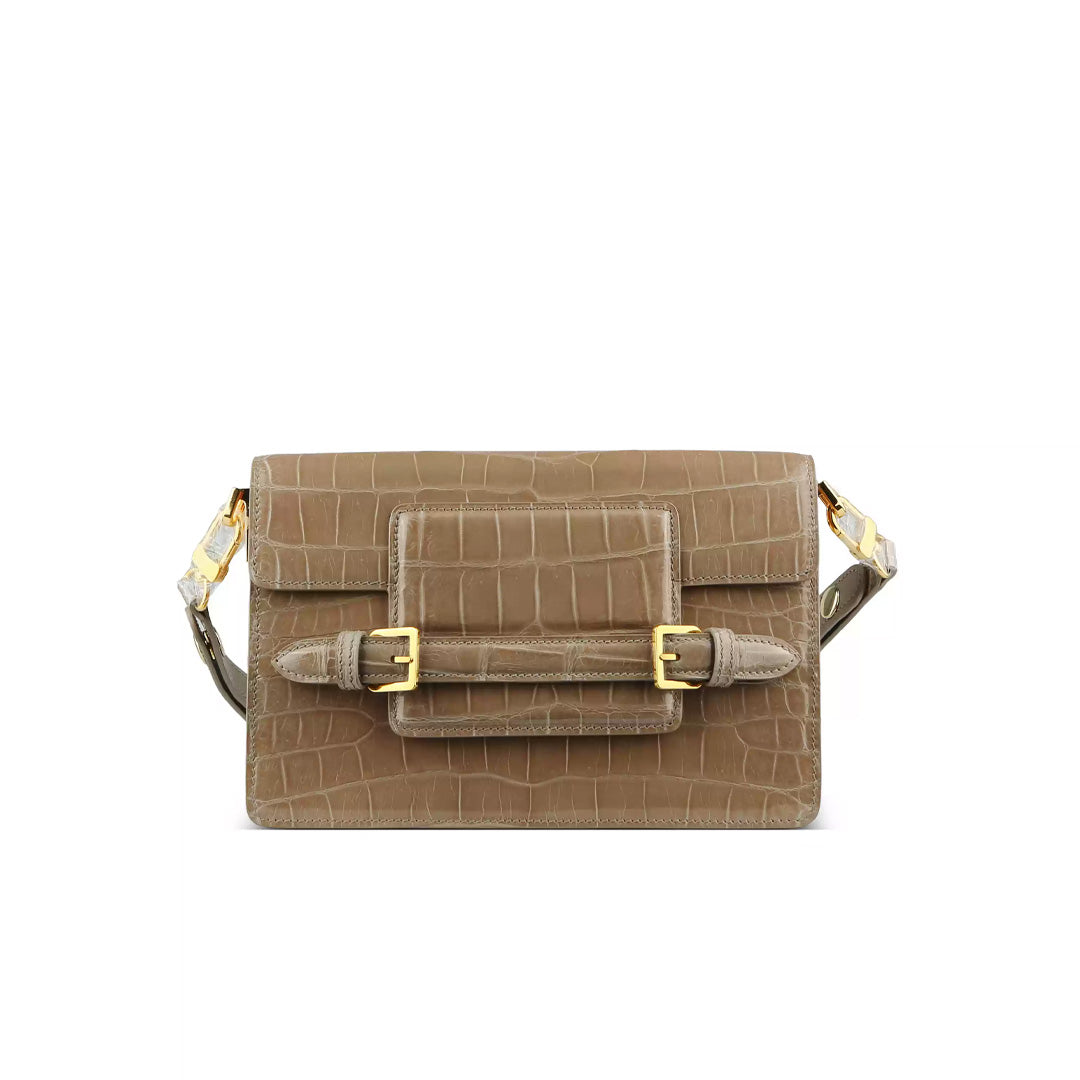 Vintage Crocodile Leather Crossbody Bag - detail view in brown
