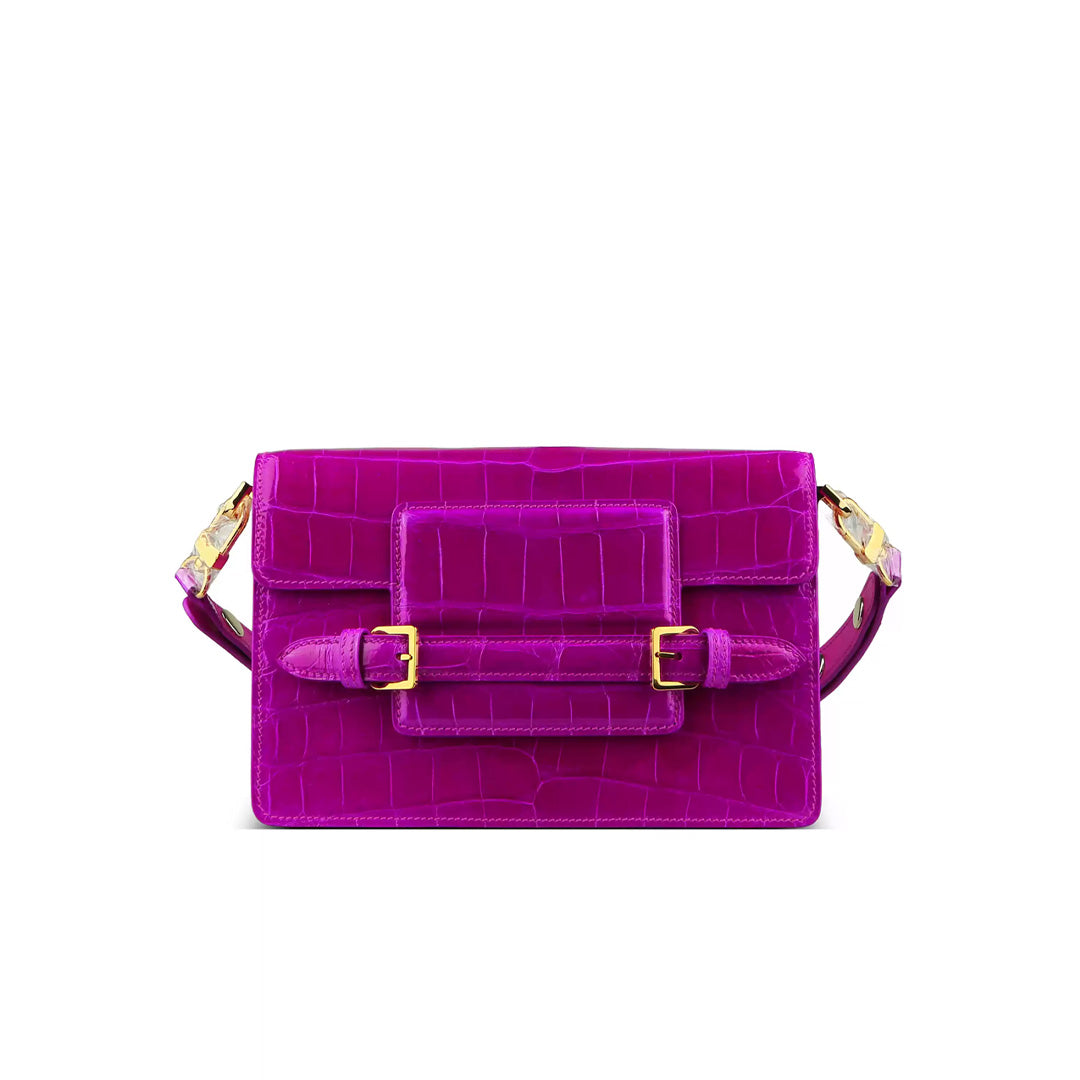 Vintage Crocodile Leather Crossbody Bag - detail view in pink