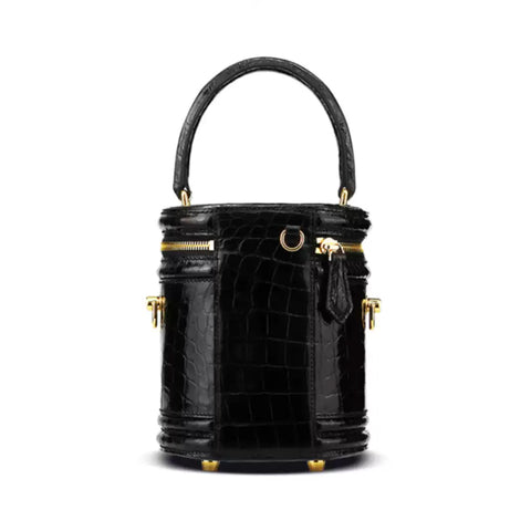 Luxury Crocodile Leather Round Barrel Handbag | Handmade Casual Bag