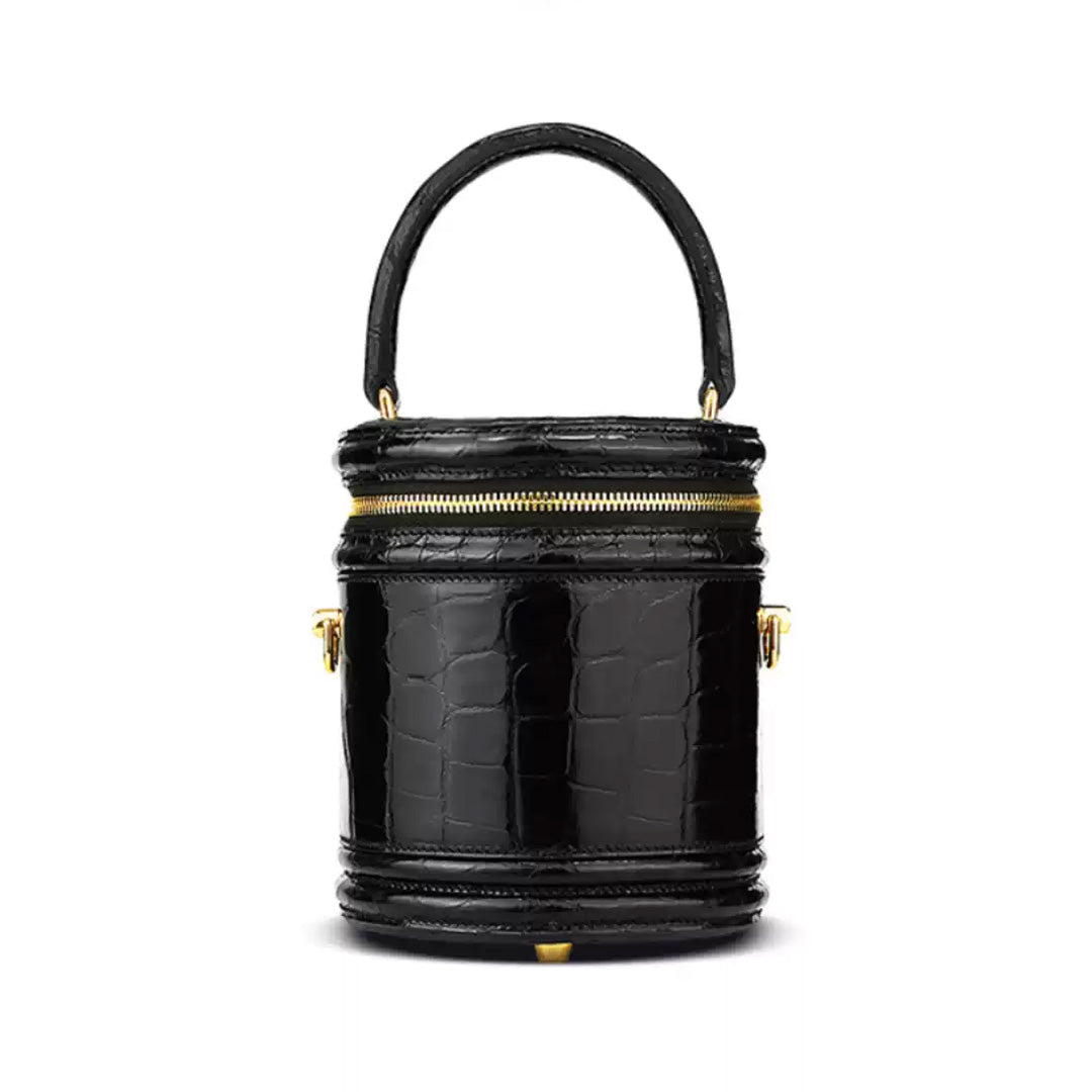 Luxury Crocodile Leather Round Barrel Handbag | Handmade Casual Bag