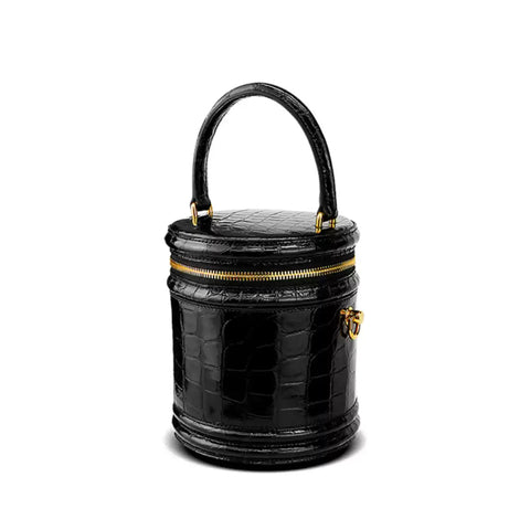 Luxury Crocodile Leather Round Barrel Handbag | Handmade Casual Bag