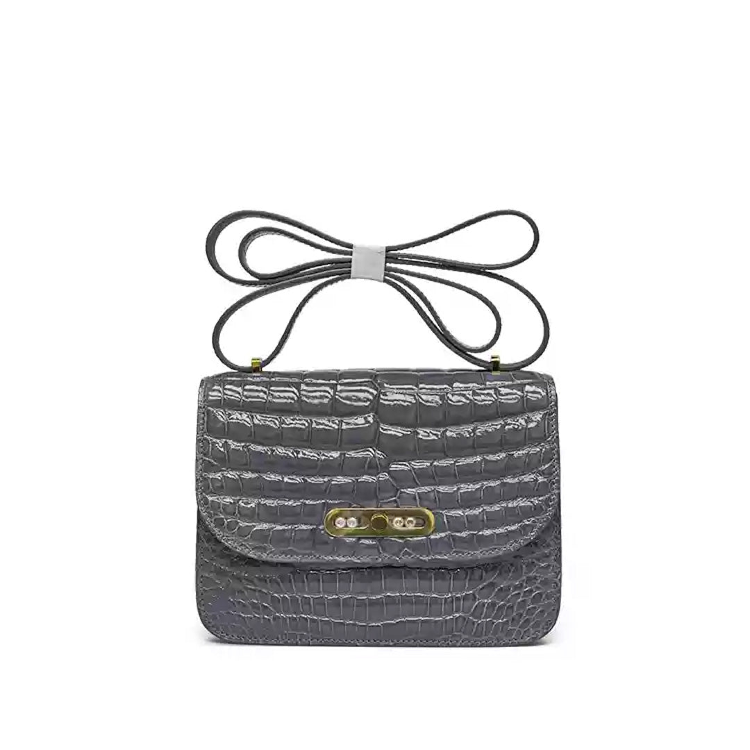 Crocodile Leather Crossbody Bag - detail view in grey