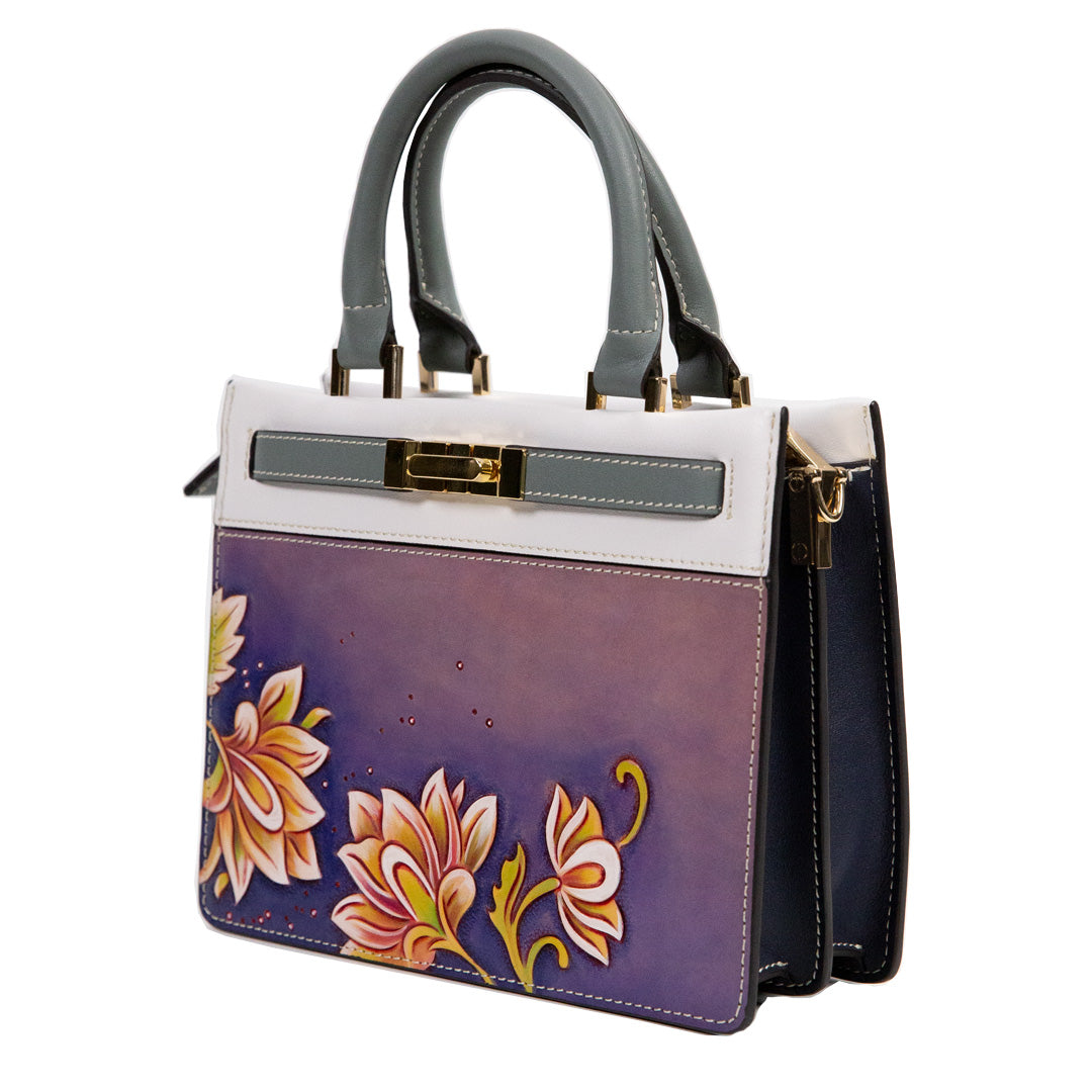 Floral-Carved Leather Top Handle Bag - detail view in yellow
