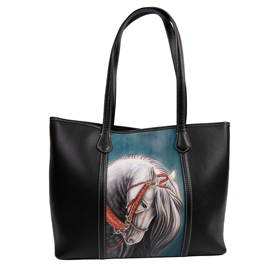 Horse Pattern Leather Carving Handmade Spacious Tote Bag