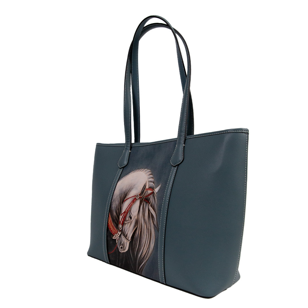 Horse-Carved Leather Tote - detail view in blue